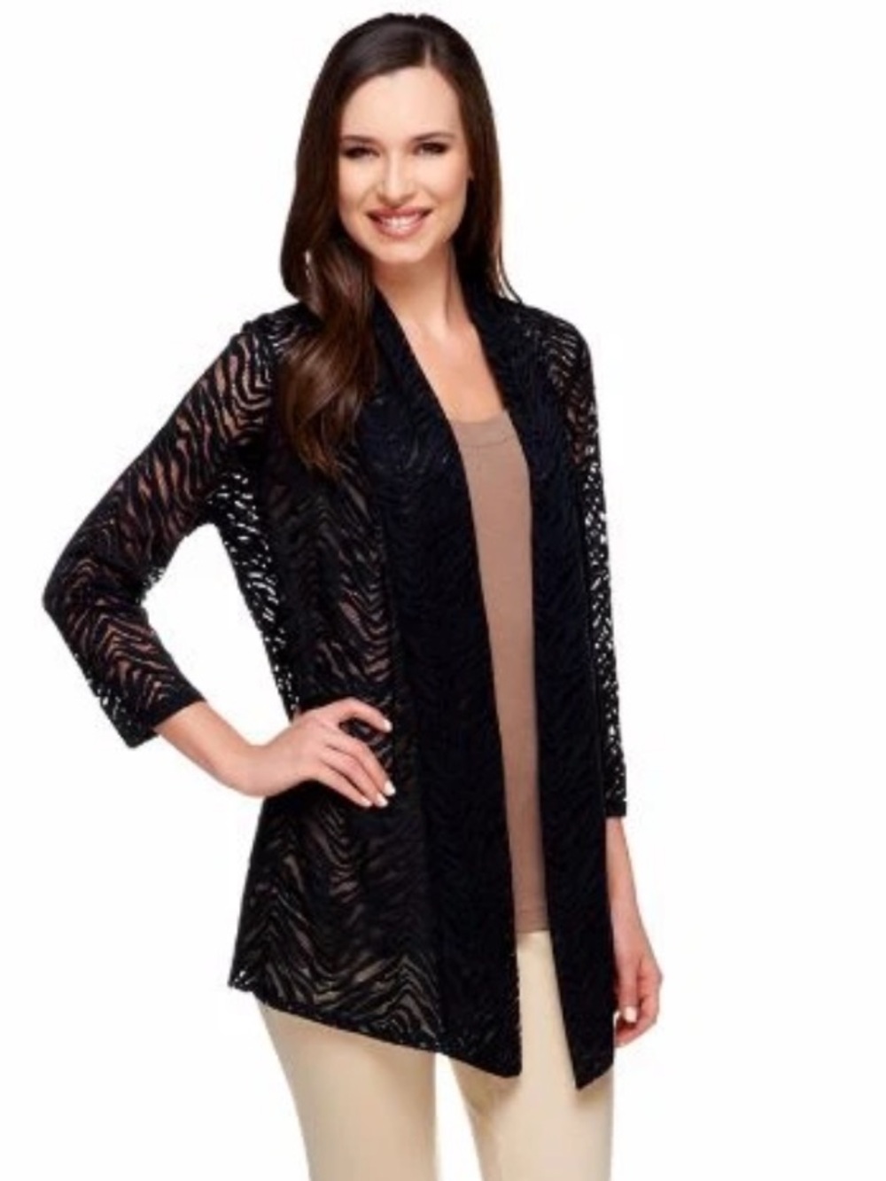 Susan Graver Stretch Lace Open Front Cardigan Black Sz 1X